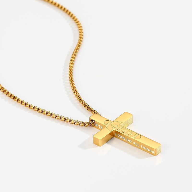VULETO Football Cross Necklace for Boys Men, Stainless Steel Bible Verse Cross Pendant Chain Sports Gear Stuff Valentines Easter Christian Religious Jewelry Gifts for Teen Boys Kids - Image 1